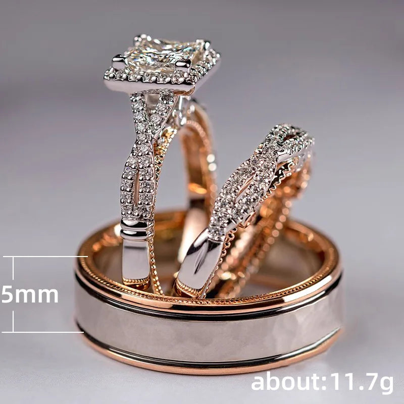 18KT Rose Gold Plated 925 Sterling Silver Couple Lab Diamond Ring