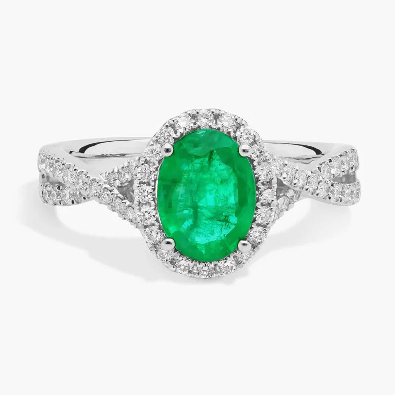9K/14K/18K White Gold Center Stone Oval Cut Lab Grown Emerald Accented by Round Lab Diamond Twisted Shank Ring
