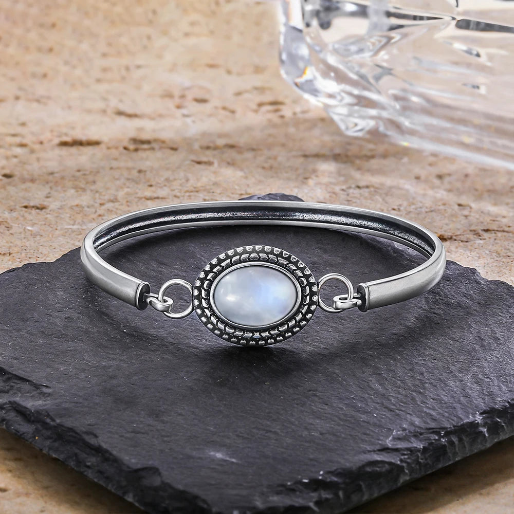 Sterling Silver 925 Vintage Moonstone Natural Stone 10*14MM Oval Shape Bracelet
