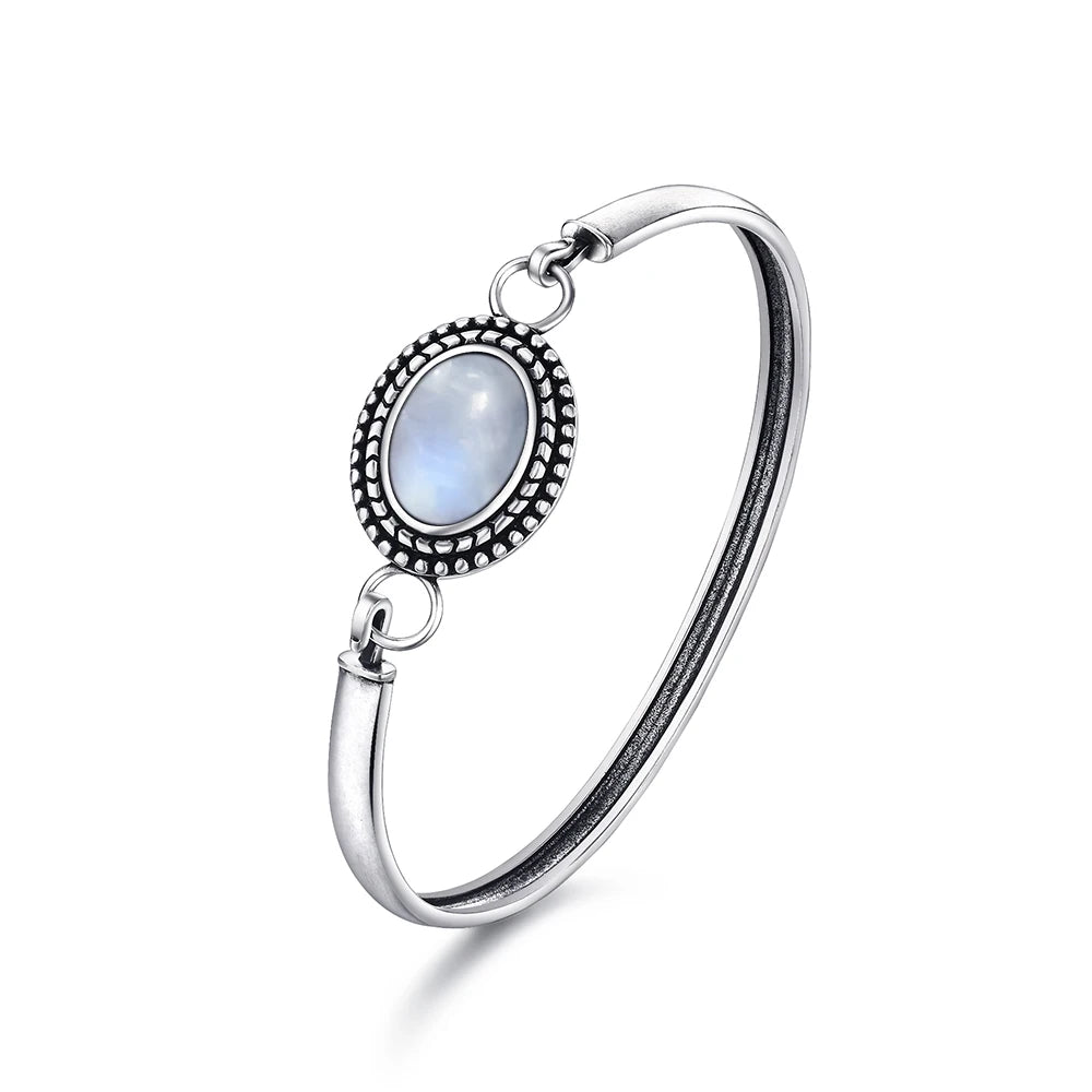 Sterling Silver 925 Vintage Moonstone Natural Stone 10*14MM Oval Shape Bracelet