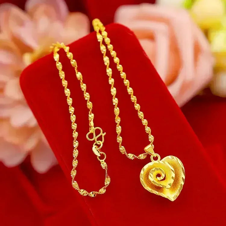 9999 24KT Pure Gold Heart & Roses Lovers Necklace
