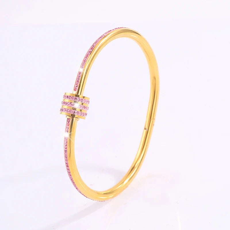 Stackable Gold Color Bangle Bracelet Set for Women - 18K Gold Plated Stainless Steel Pink Crystal Love Heart Bracelet Jewelry