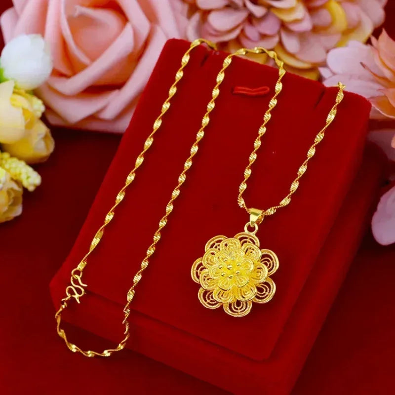 9999 24KT Pure Gold Heart & Roses Lovers Necklace