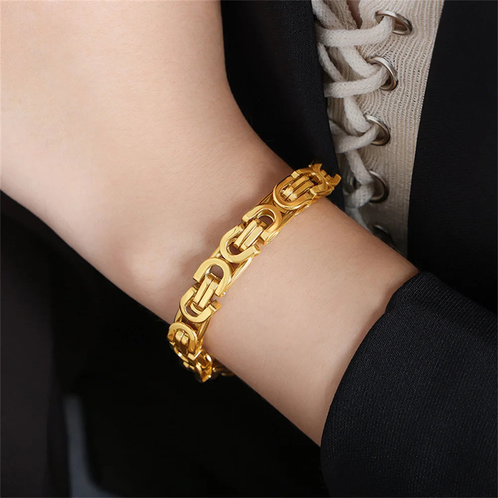 Gold Color Stainless Steel 8mm Byzantine Link Chain Bracelets Necklace Set