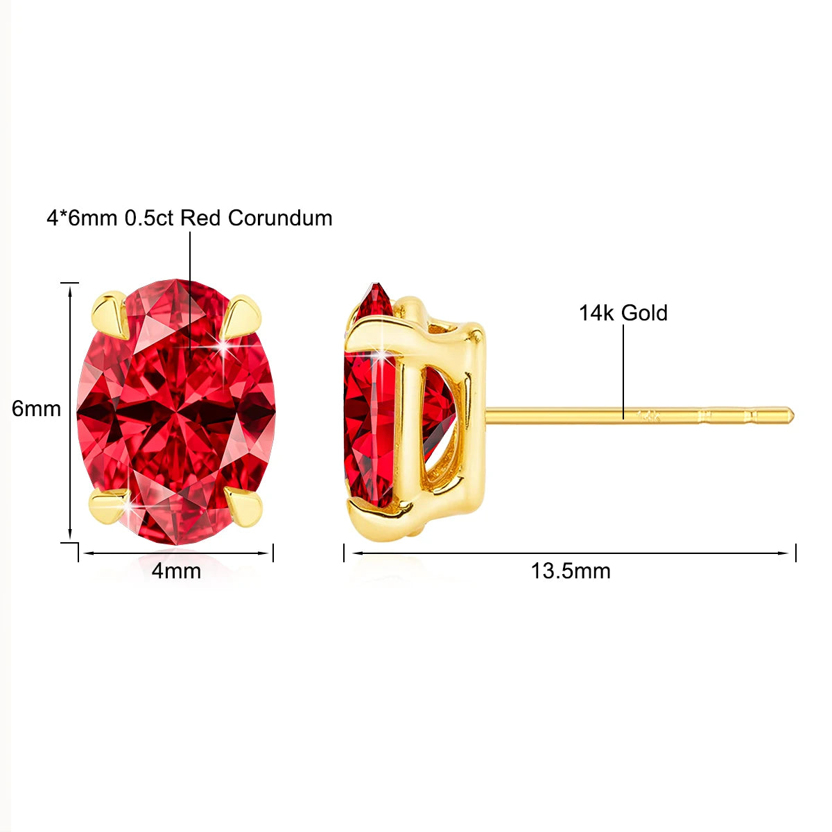 14K Gold Oval Cut 0.5ct 1ct 2ct Moissanite Red Blue Corundum Unisex Luxury Stud Earrings