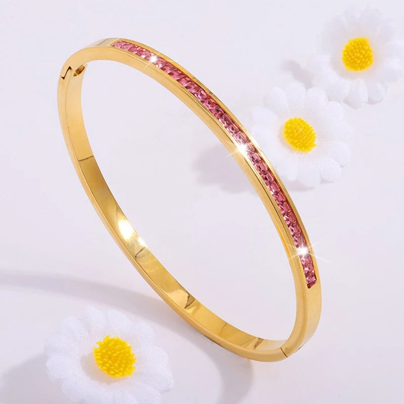 Stackable Gold Color Bangle Bracelet Set for Women - 18K Gold Plated Stainless Steel Pink Crystal Love Heart Bracelet Jewelry
