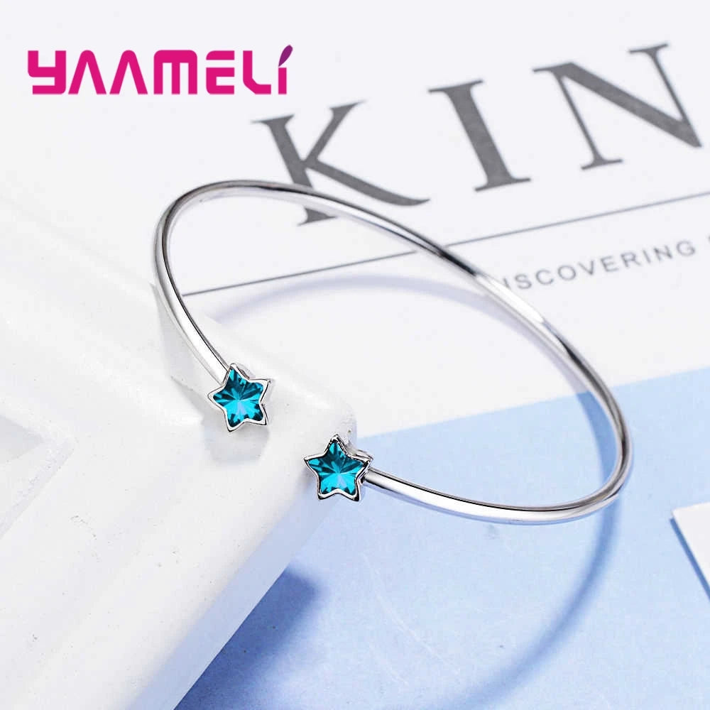 Shooting Blue Stars Rhinestone 925 Sterling Silver Austrian Crystal Bangle