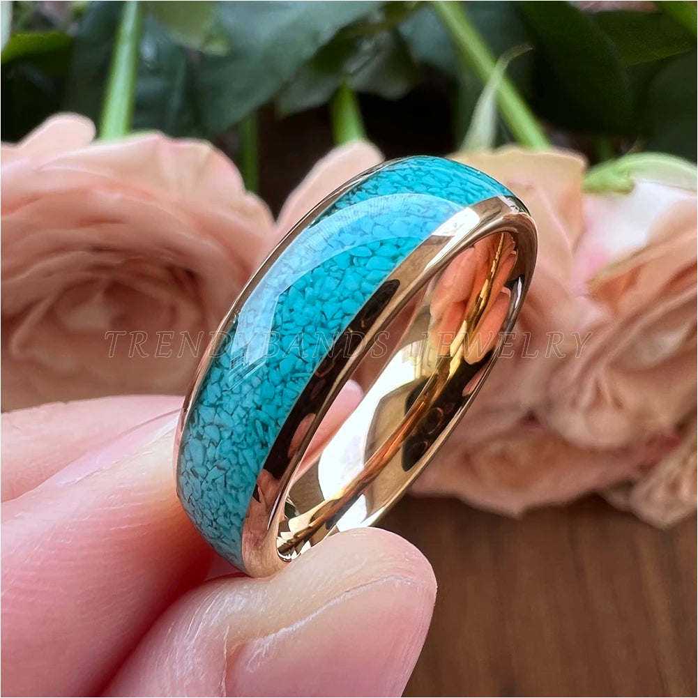 4MM, 6MM 8MM Tungsten Carbide Comfort Fit with Natural Turquoise Gemstone Inlay