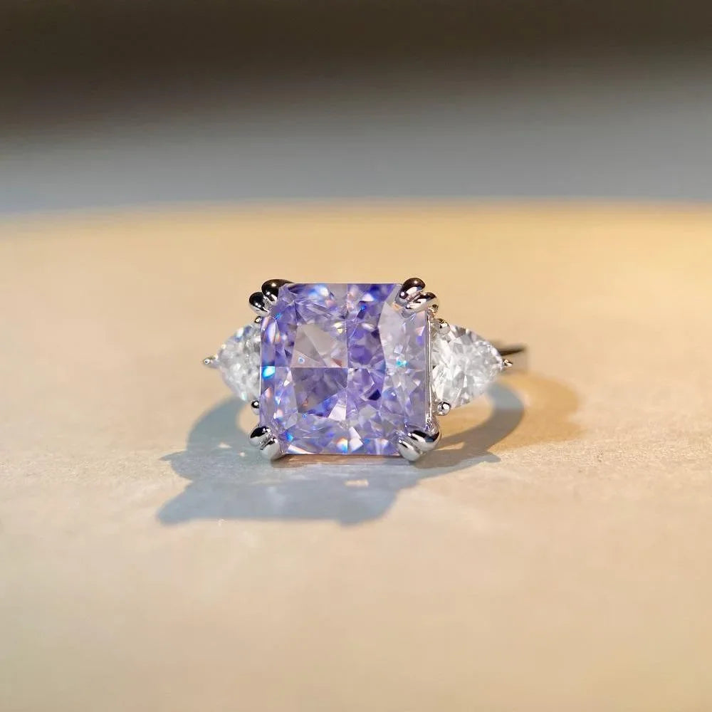 Pure Platinum PT950 5 Carat Three Stone Cotton Candy Lavender, Pink OR Fancy Yellow Moissanite Engagement Ring