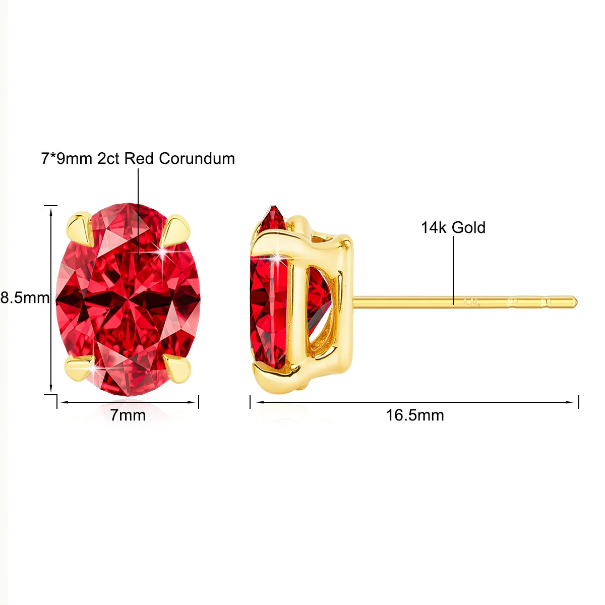 14K Gold Oval Cut 0.5ct 1ct 2ct Moissanite Red Blue Corundum Unisex Luxury Stud Earrings