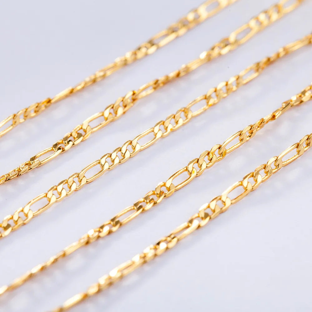 Luxury 24KT 9999 Pure Gold 2MM Three One Figaro Necklace