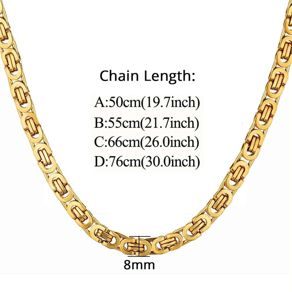 Gold Color Stainless Steel 8mm Byzantine Link Chain Bracelets Necklace Set