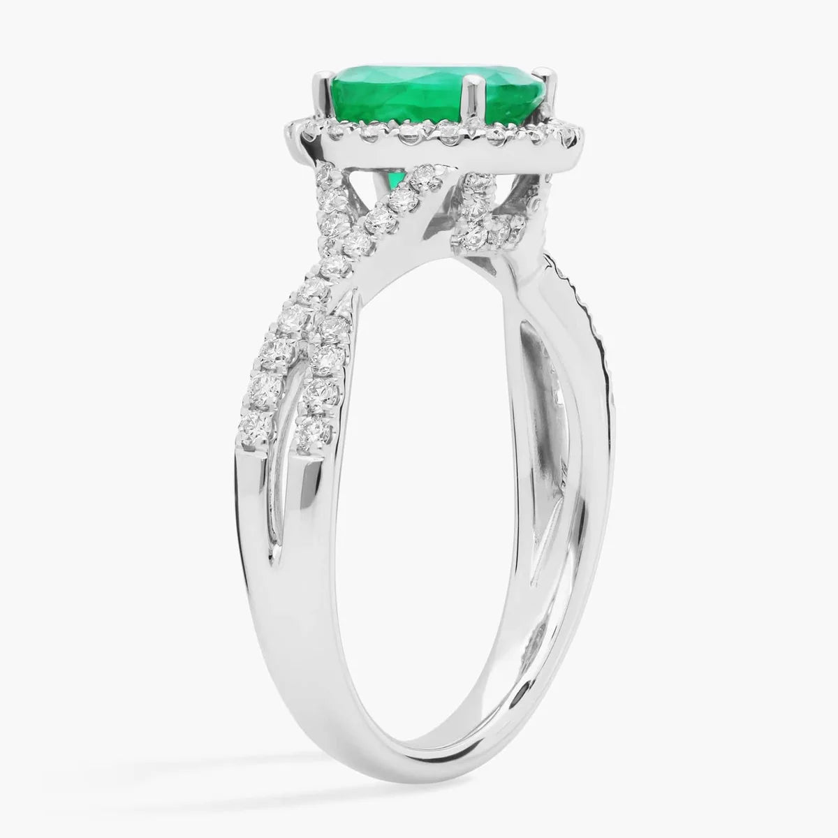 9K/14K/18K White Gold Center Stone Oval Cut Lab Grown Emerald Accented by Round Lab Diamond Twisted Shank Ring