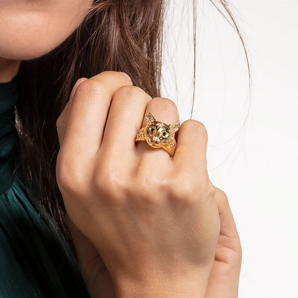 Gold Plated Ring Cat Spring Brand New Fine In 925 Sterling Silver