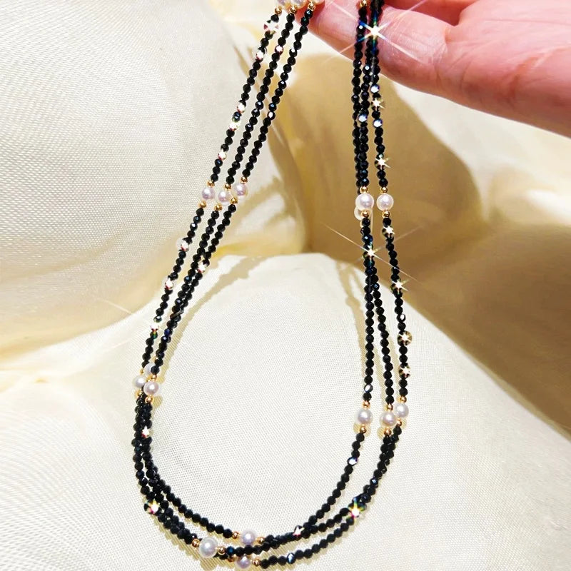 18KT Yellow Gold Natural freshwater Pearl Black Crystal Spinel Necklace