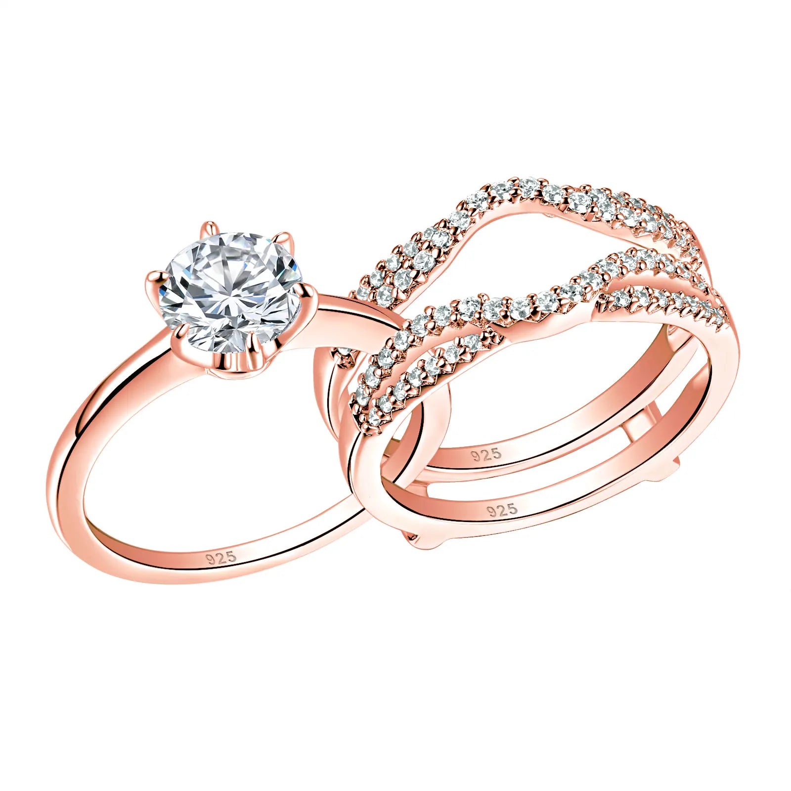 Solid 925 Sterling Silver Rose Gold Plated Solitaire Round Cut 5A CZ Wrap W/ Solitaire Crown Engagement Set