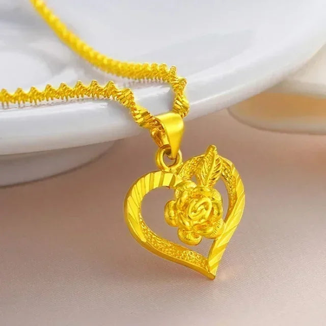 9999 24KT Pure Gold Heart & Roses Lovers Necklace