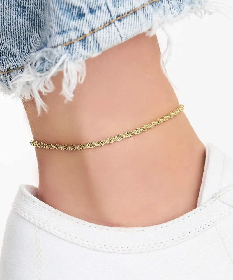 18K Gold Plated Braided Rope Anklet for Women, 4mm Stainless Steel 9 Inches Ankle Bracelet