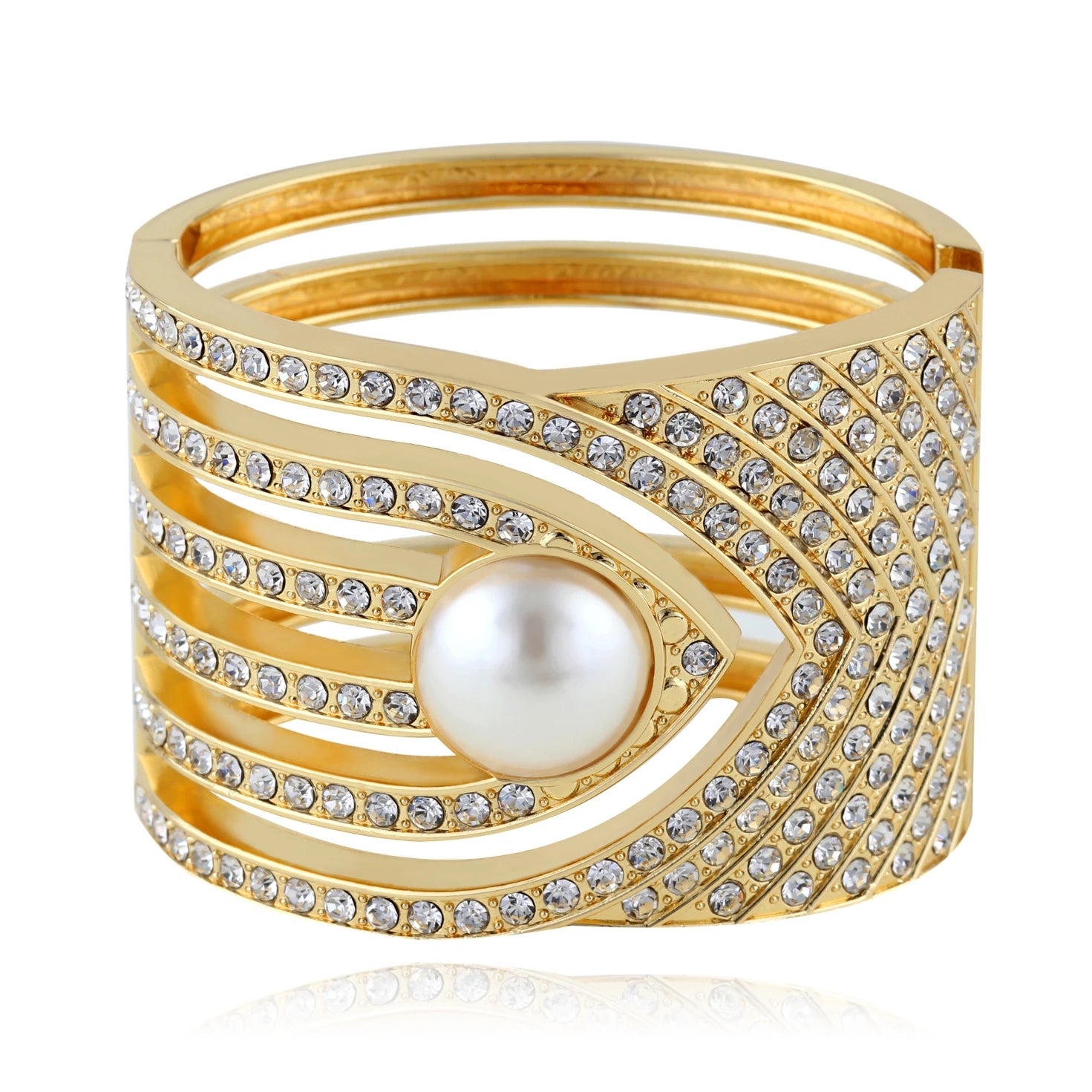 Diamond Pearl Chunky Bangle Bold Statement Metal Wide Bracelet Women Fashion Geometric Design Luxury Gift Stylish Accessory Mode