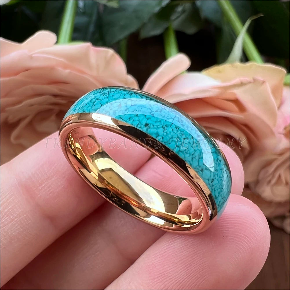 4MM, 6MM 8MM Tungsten Carbide Comfort Fit with Natural Turquoise Gemstone Inlay