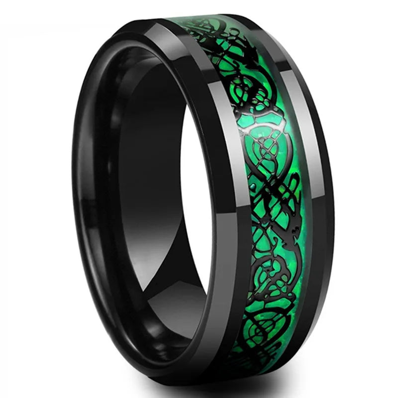 Classic 8MM Black Tungsten Wedding Celtic Dragon Stainless Steel Carbon Fiber Ring
