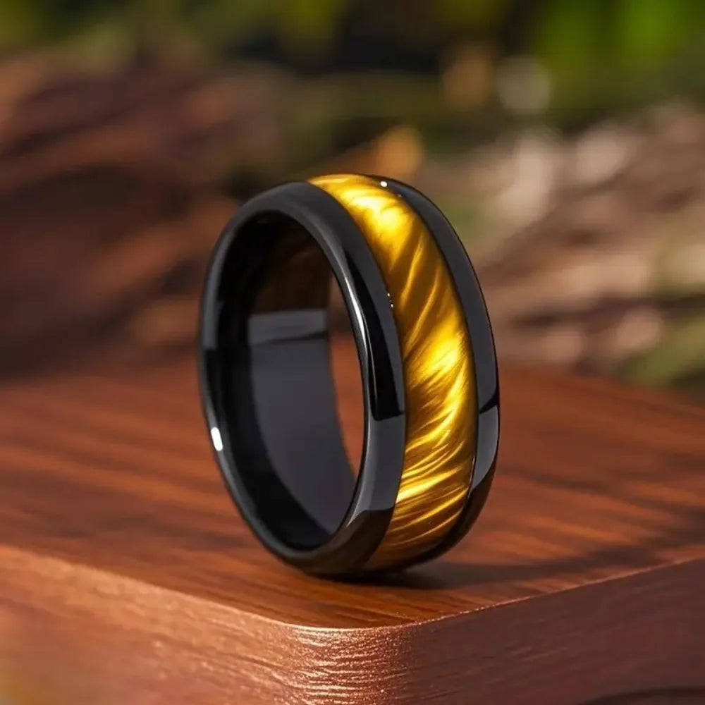 8MM Classic Black Gold Stainless Steel Ring Luxury Men's Ring