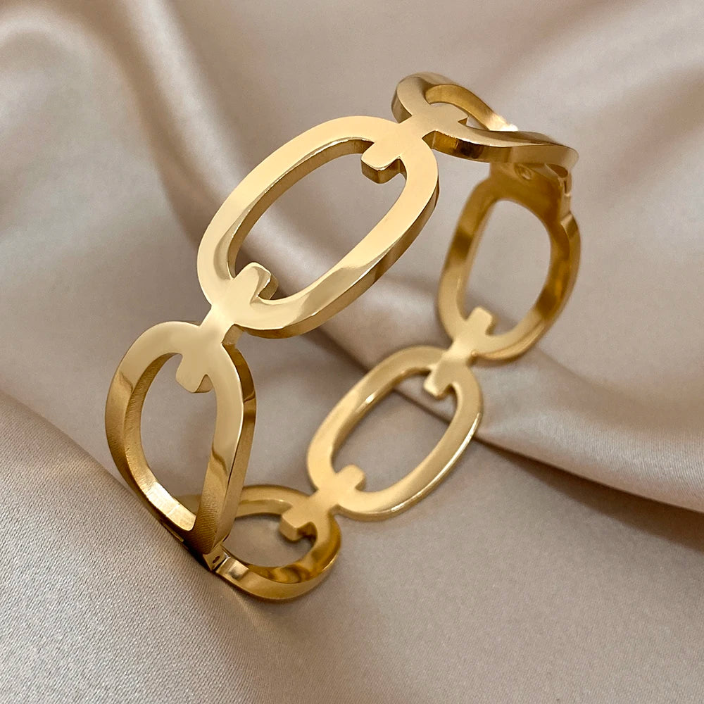 New Trendy Circular Buckle Gold-Plated Stainless Steel Bracelets Bangles for Women Men Vintage Wide Open Bangle Wrist Jewelry