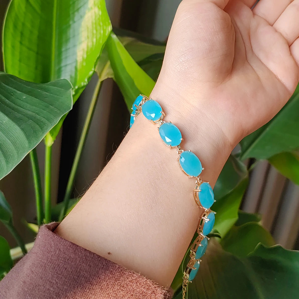 Paraiba Ocean Greek Pine Blue Oval Gemstone Copper Bracelet
