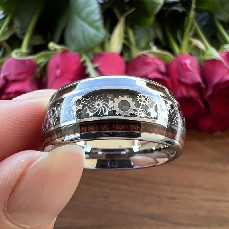 10MM Tungsten Polished Inlaid Wooden Dome Ring