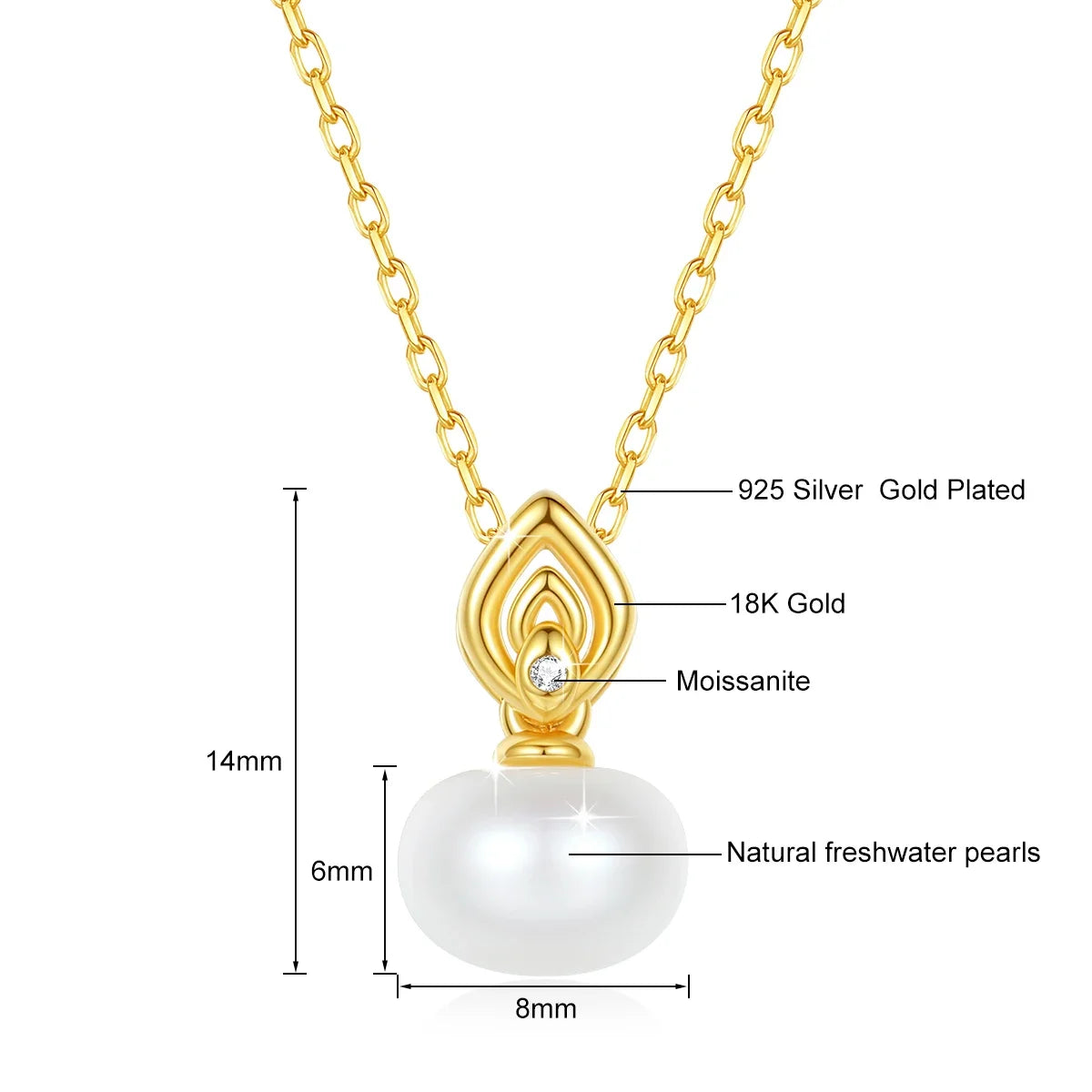 18KT Yellow Gold Pearl Necklace Moissanite Stone Luxury AU750 K Gold & Certificate