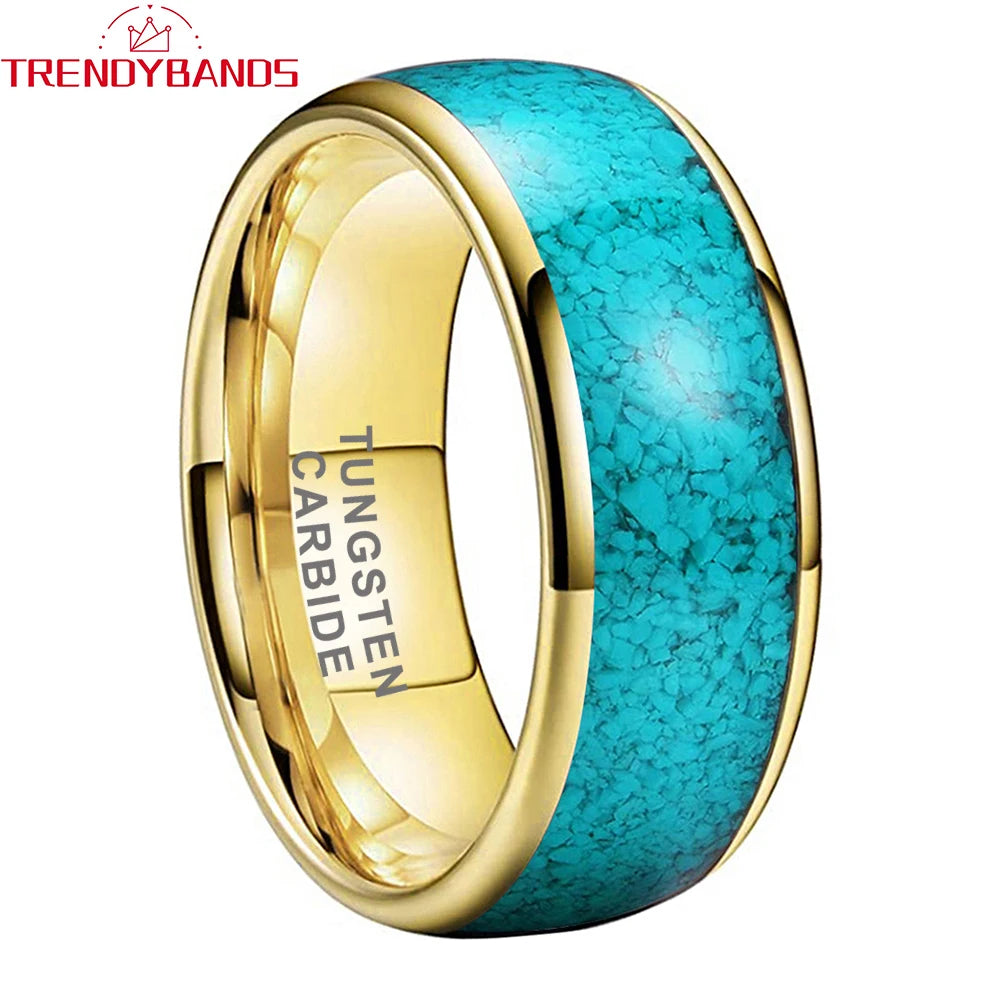 4MM, 6MM 8MM Tungsten Carbide Comfort Fit with Natural Turquoise Gemstone Inlay