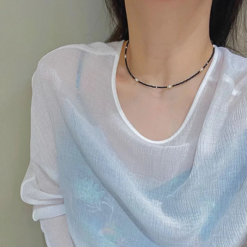 18KT Yellow Gold Natural freshwater Pearl Black Crystal Spinel Necklace