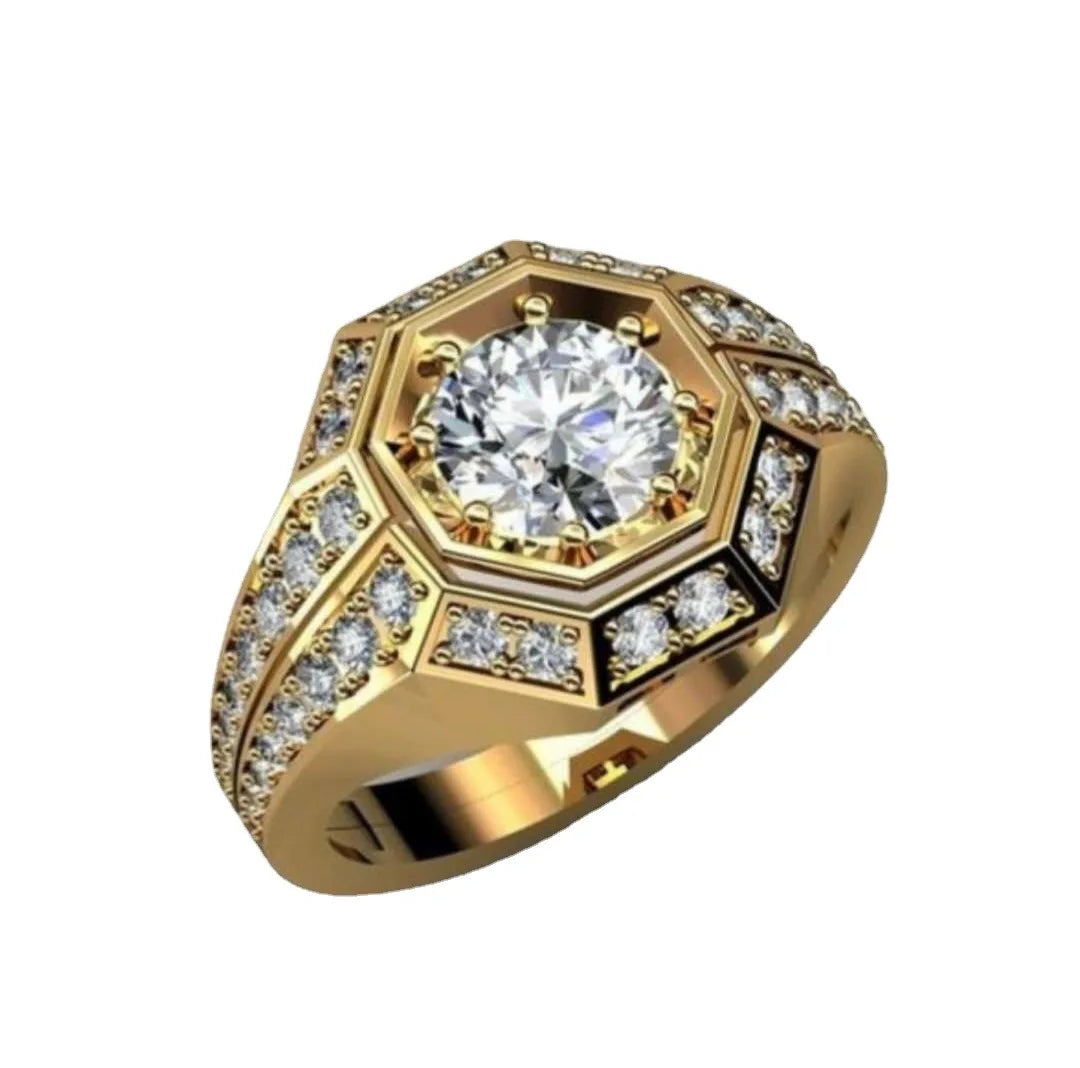 Men's Gold Color Rings Octagon Round Shape Inlay Zircon Rhinestone Engagement Wedding Ring Male Jewelry Accessories Gifts