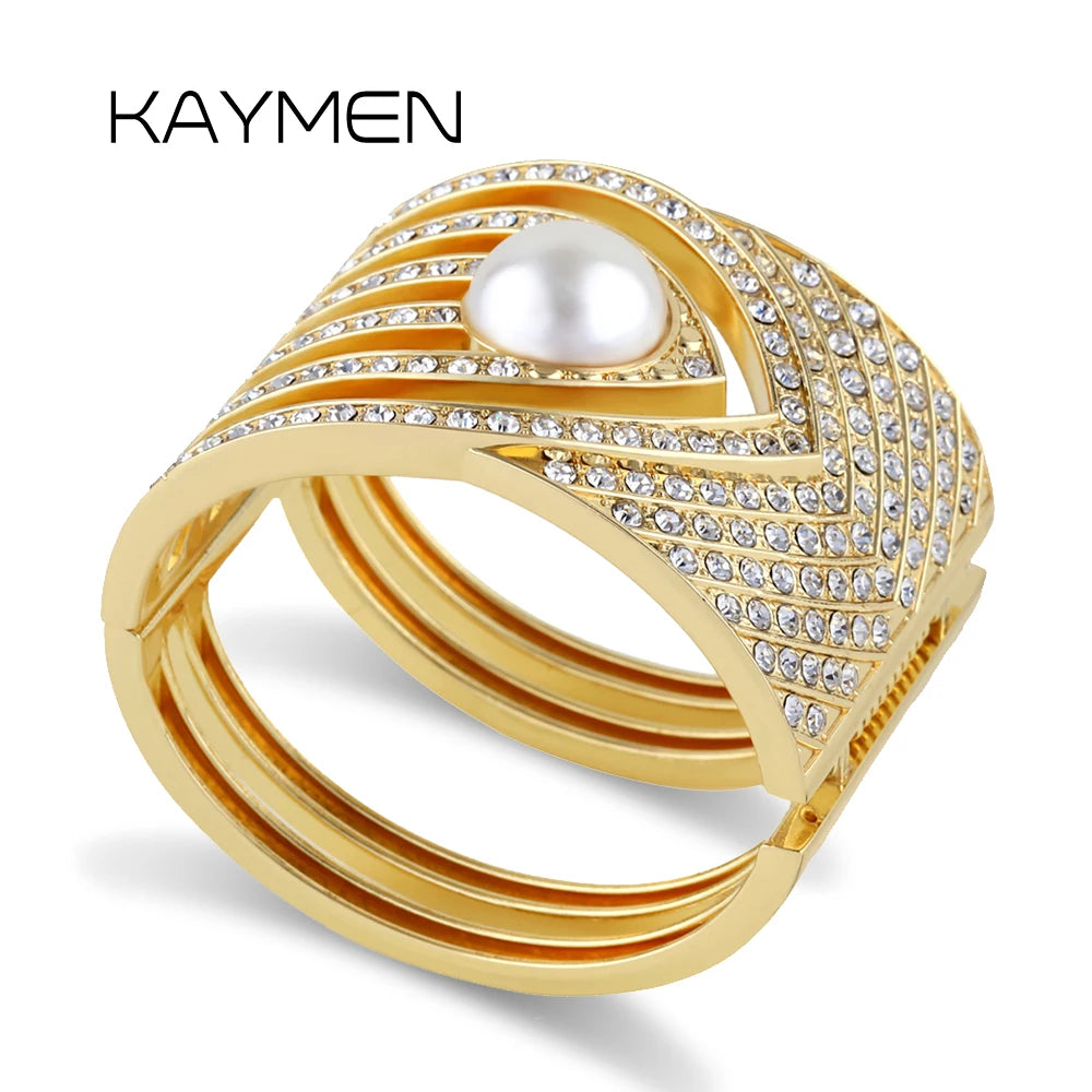 Diamond Pearl Chunky Bangle Bold Statement Metal Wide Bracelet Women Fashion Geometric Design Luxury Gift Stylish Accessory Mode