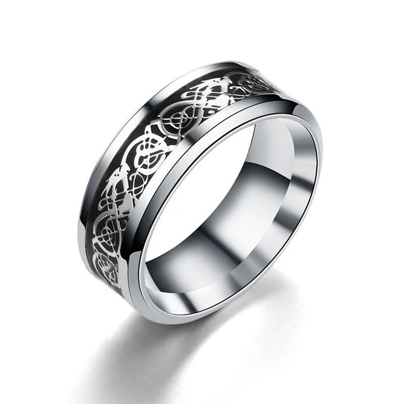 Classic 8MM Black Tungsten Wedding Celtic Dragon Stainless Steel Carbon Fiber Ring