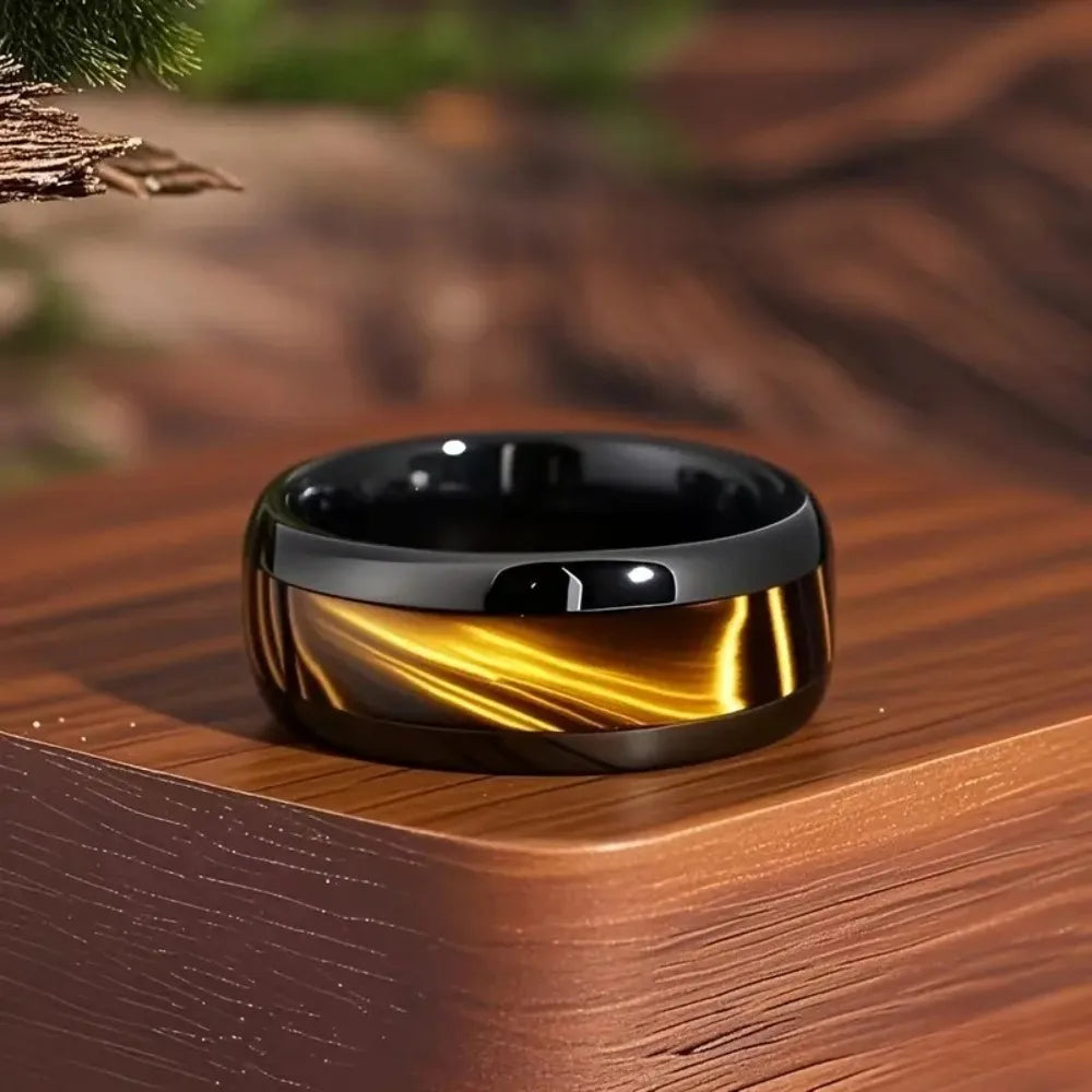 8MM Classic Black Gold Stainless Steel Ring Luxury Men's Ring