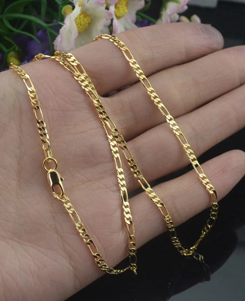 Luxury 24KT 9999 Pure Gold 2MM Three One Figaro Necklace