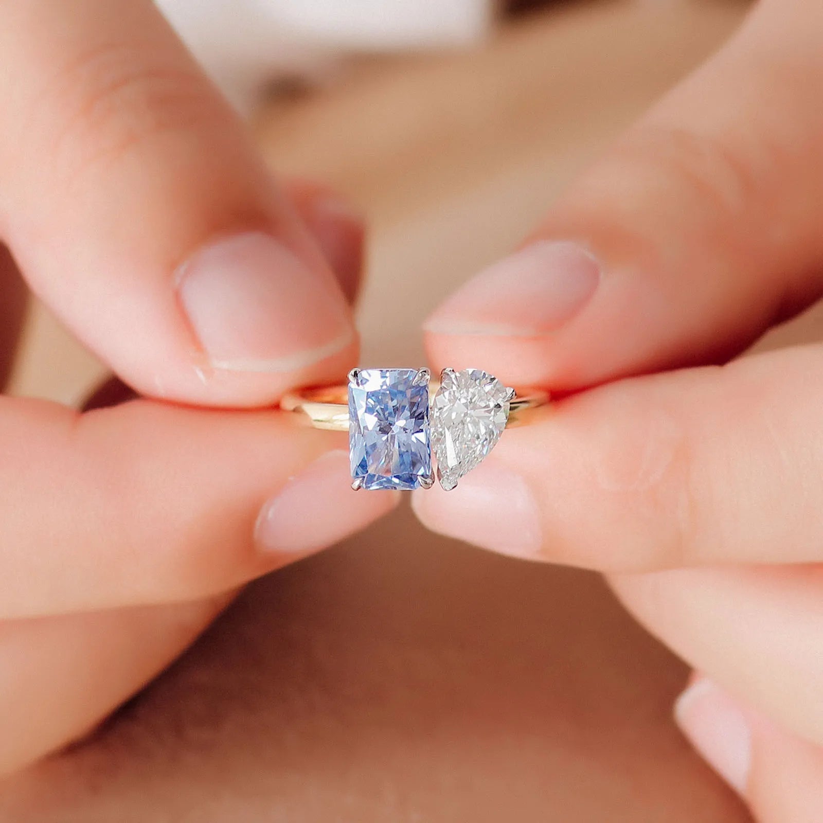 Provence 10KT/14KT/18KT Lab Grown Sapphire Ring Radiant Cut 2 CT Toi Et Moi Ring