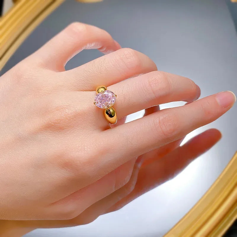 18KT Yellow Gold 3 Carat Pink Diamond Ring 100% Real 925 Sterling Silver Ring