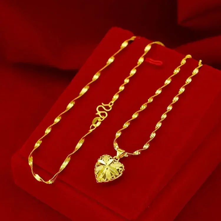 9999 24KT Pure Gold Heart & Roses Lovers Necklace