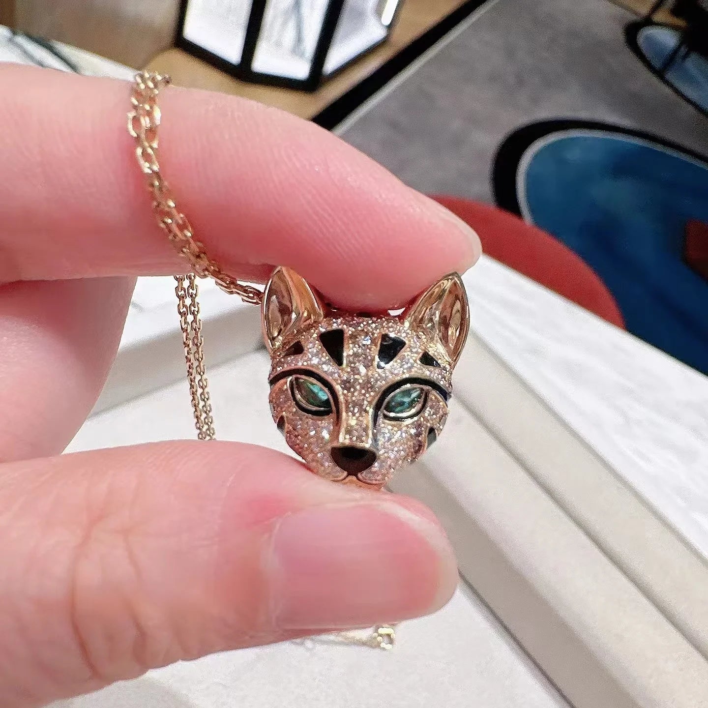 Pure Sterling Silver S925 Green Eyed Cat Leopard Diamond Encrusted