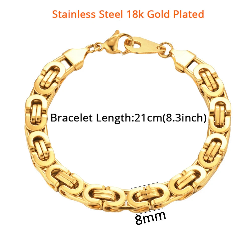 Gold Color Stainless Steel 8mm Byzantine Link Chain Bracelets Necklace Set