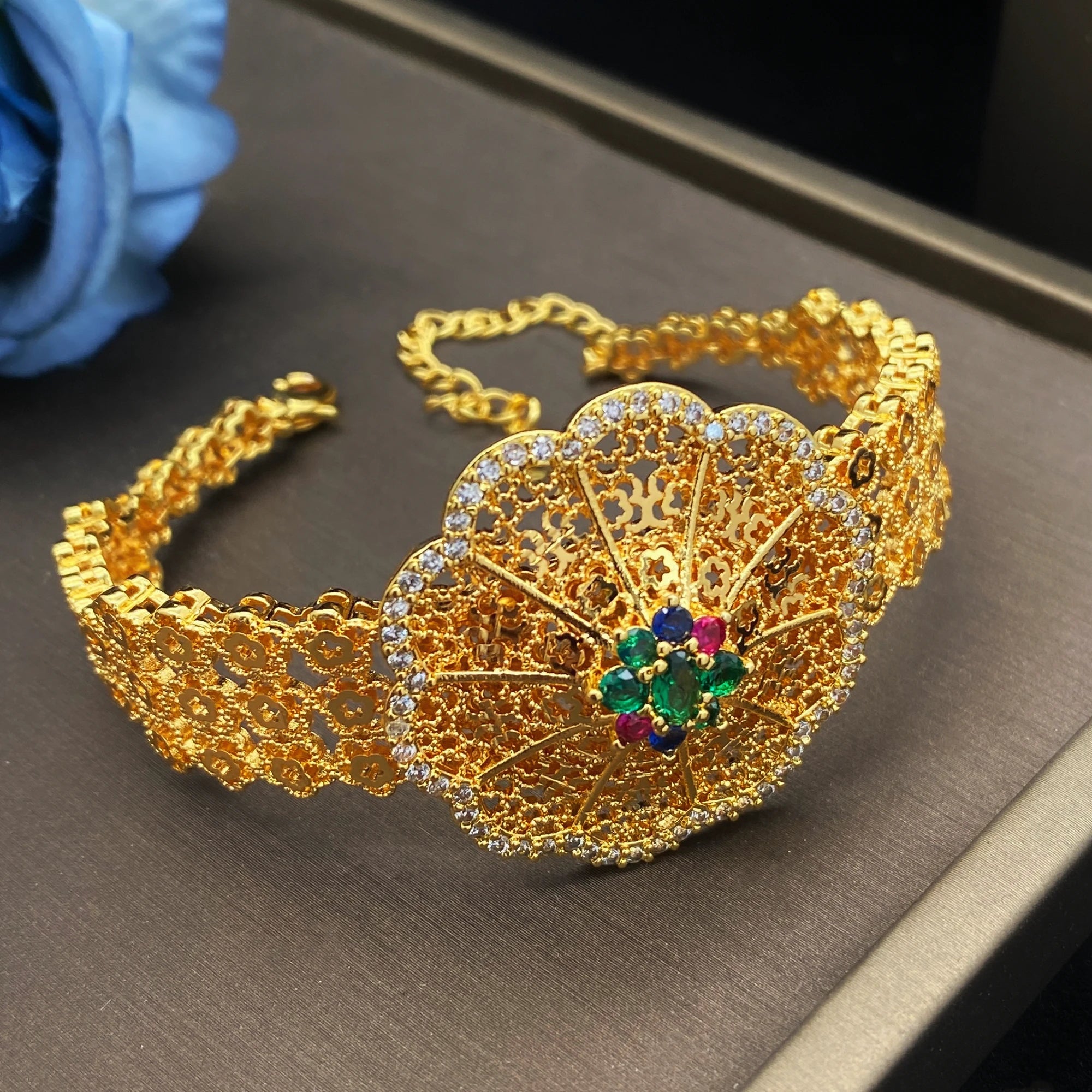 88 Grams Four Piece Zircon Floral Garden Necklace, Ring Bracelet & Earring Set