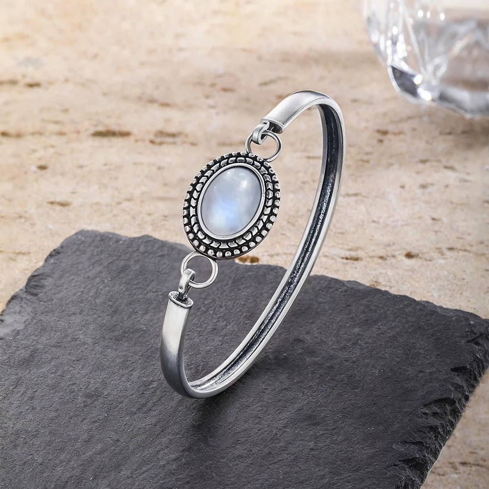 Sterling Silver 925 Vintage Moonstone Natural Stone 10*14MM Oval Shape Bracelet